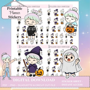 Könnte beinhalten: Blatt mit druckbaren Planer-Aufklebern mit Halloween-Motiven. Die Aufkleber zeigen Cartoon-Charaktere in Kostümen, darunter ein Skelett, eine Hexe und ein Geist. Der Text "Printable Planner Stickers" und "Digital Download" ist ebenfalls enthalten.