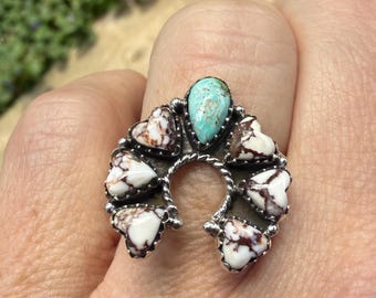 Nouvelle bague réglable en argent sterling 925 fabriquée à la main, eau blanche, turquoise, coeurs Naja, bague Naja