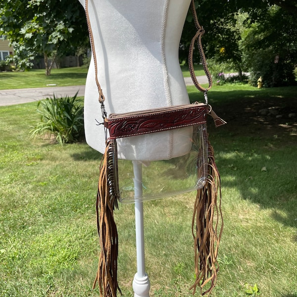 Clear Hand Tooled Leather Bag with Fringe