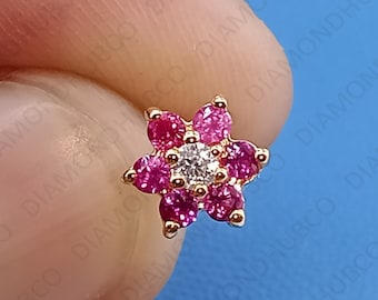 Lab Ruby Flower Nose Stud, 14k Gold July Birthstone Piercing