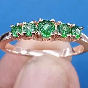 1 CTW Five Stone Round Cut Lab Created Green Emerald Eternity Band, Anniversary Band, Wedding Band Ring, Engagement Band, 14K Rose Gold Band