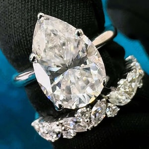 4.50 CTW Pear Cut Real Moissanite Engagement Ring Set, 14k White Gold Engagement Ring, Diamond Wedding Ring Set, Anniversary Gift For Women
