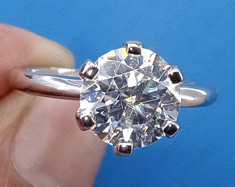 2CTW ronde echte gecertificeerde moissaniet verlovingsring in 14k massief goud, 6-tanden solitaire ring, gouden beloftering, diamanten jubileumring