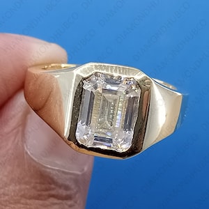 Bezel Set 2.50 CTW Emerald Cut Moissanite Engagement Ring, 14K Yellow Gold Plated Ring, Emerald Cut Ring, VVS1 Moissanite Anniversary Ring