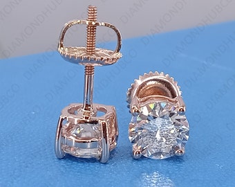 Boucle d'oreille ronde 6 mm en zircone cubique, Clous d'oreilles vissés, Boucle d'oreille plaquée or rose 14 carats, Boucle d'oreille de mariage pour femme, Boucle d'oreille d'anniversaire