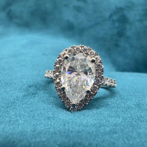 3 CT Pear Cut Halo Moissanite Engagement Ring | Pear Shaped Moissanite Ring | Solitaire Halo Wedding Ring | Anniversary Gift for Her