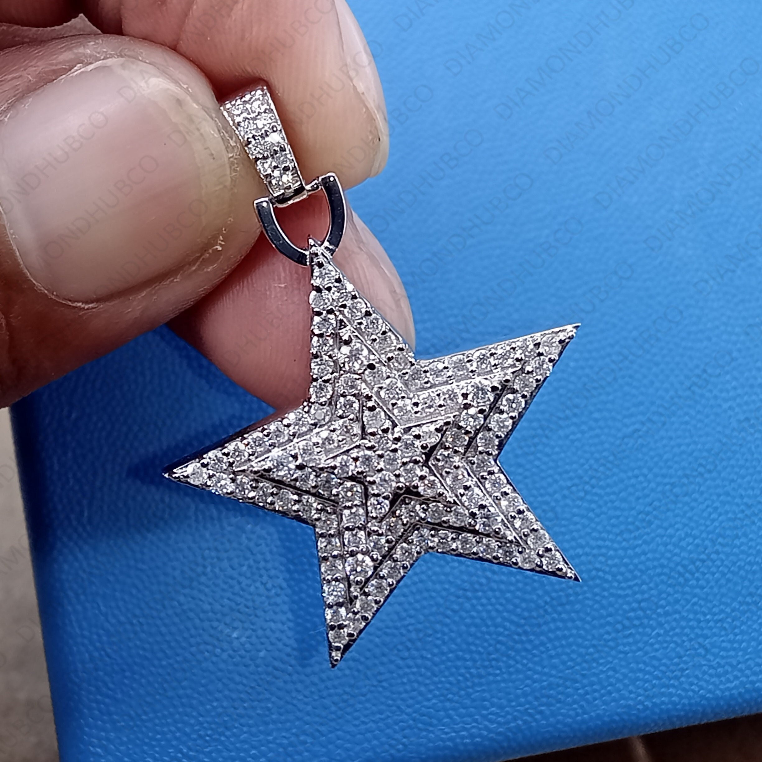 2.0 CTW Round Moissanite Pendant • Iced Out Diamond Star Necklace • Custom Made 14kt Solid Gold Star Necklace • Star Shaped Pendant Necklace