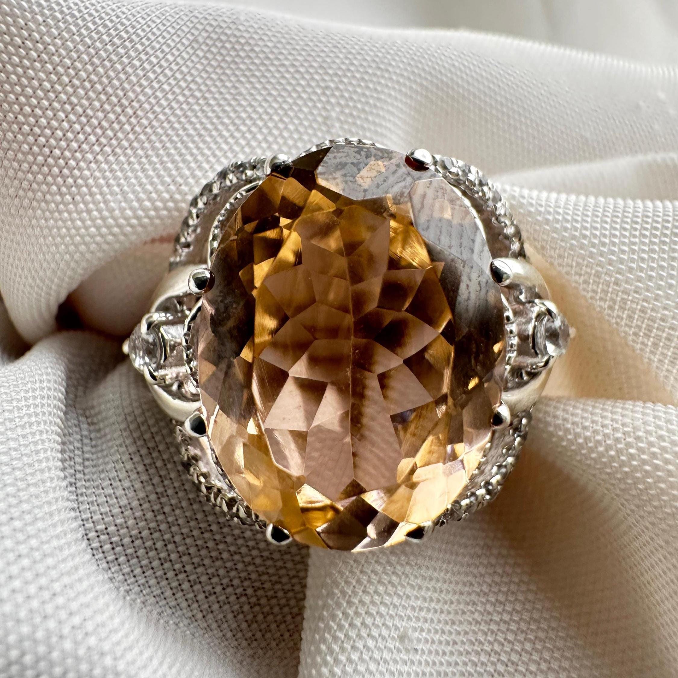 【17号】CTHY LUXURY MATERIAL ALL STONE RING Luxury 8 CT Imperial Topaz Ring – 16x10 Mm, Handmade Silver