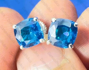 Pendientes de topacio azul Londres de 4,0 cts, pendientes de oro blanco con topacio azul de talla cojín, pendientes de topacio azul con cierre de rosca, pendientes de piedras preciosas azules