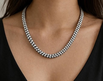 Georgian Cut Down Moissanite Tennis Necklace | Blackened Silver Vintage Style Statement Jewelry