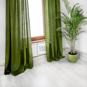 Cortina de lino verde de 143 cm de ancho (1 unidad). Tratamiento para ventanas de dormitorio. Cortina de lino verde moderna. Cortina de lino verde de tamaño personalizado.