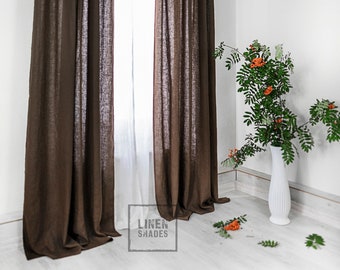56" (143 cm) wide brown linen curtain. Brown living room curtain. Brown narrow curtain.Brown kitchen curtain. Brown bedroom curtain.