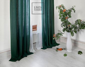 55" (140 cm) wide green linen curtain. Green living room curtain. Green bedroom curtain. Green kitchen curtain.Green narrow curtain.