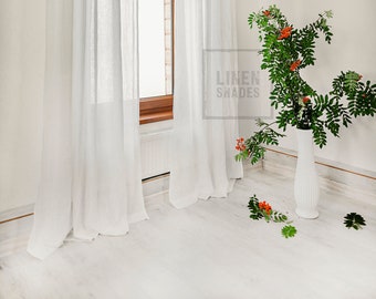 145 cm (57") wide thin linen curtain in white. White living room curtain. White bedroom curtain. White kitchen curtain. Short curtain.