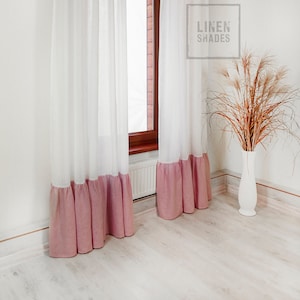 143 cm (56") wide white linen curtain with pink trim (1 pcs). Custom size curtain. Living room curtain. Bedroom curtain.