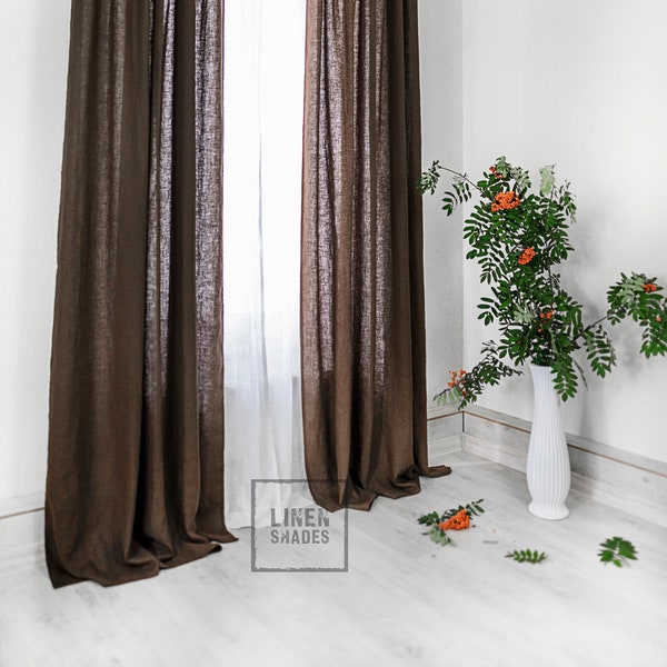 56" (143 cm) wide brown linen curtain. Brown living room curtain. Brown narrow curtain.Brown kitchen curtain. Brown bedroom curtain.