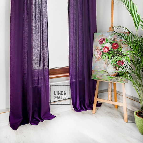 56" (143 cm) wide purple linen curtain.Purple living room curtain.Bedroom curtain in purple.Custom size purple curtain.Narrow purple curtain