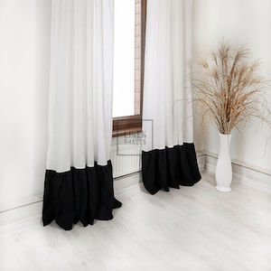 143 cm (56") wide white linen curtain with black trim (1 pcs).  Living room curtain. Bedroom curtain. Linen window curtain.