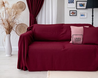 Burgundy Linen Couch Cover-Stylish Sofa Protection.Custom Burgundy Linen Sofa Cover.Red Linen Bed Cover-Luxurious Bedspread for Your Bedroom