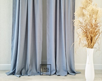 57 " / 145 cm wide blue linen curtain  with rod pocket and crown. Blue living room curtain.Blue bedroom curtain.