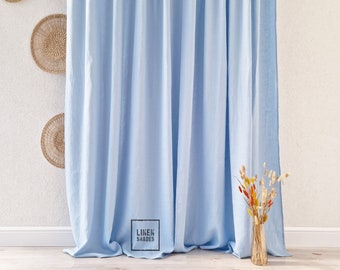 56" (143 cm) wide blue bedroom linen curtain. Blue living room curtain. Custom size blue linen curtain. Kitchen blue curtain. Narrow curtain