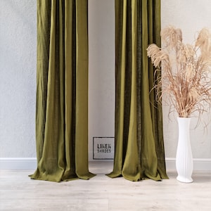 Olive Green Linen Curtain 57&quot; (145 cm) Wide (1 pcs).Olive Green Linen Drapes.Rustic Home Decor.Olive Green Linen Curtain Panel.
