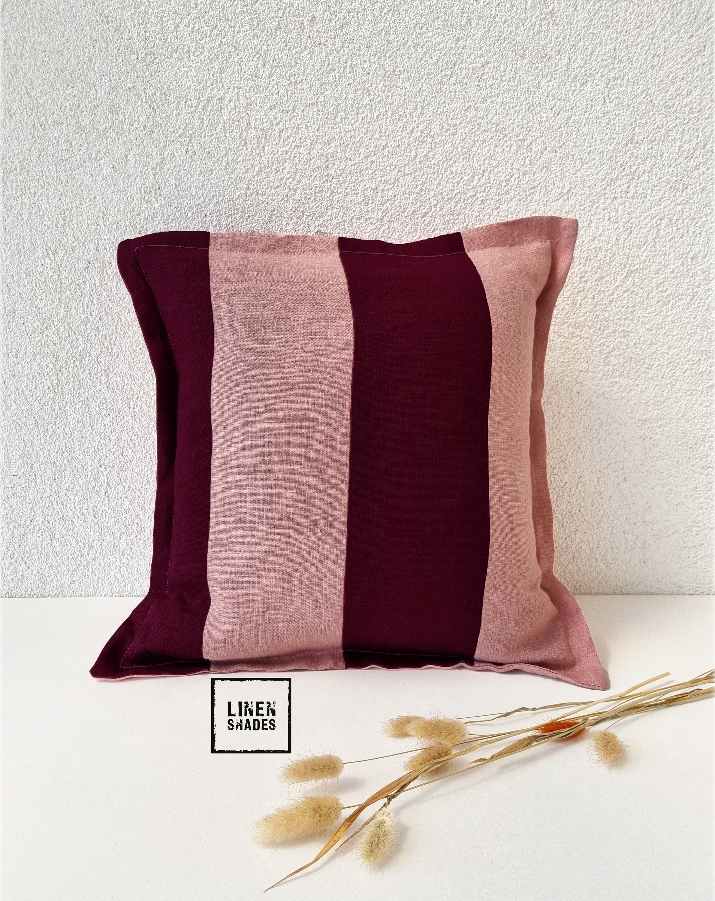 Pink and burgundy linen pillowcase. Custom size linen pillowcase. Decorative sofa pillow cover. Multicolored sofa pillow cover.
