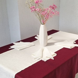 Linen tablecloth,table runner and napkins. Burgundy tablecloth, white table runner and white napkins set.