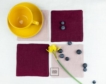 Red and pink linen coasters set.Linen cup coasters.Handmade linen two-layer colored coasters.Custom coasters.