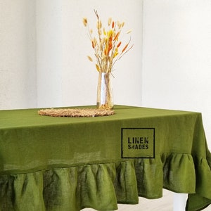 Moss green tablecloth with ruffles. Custom size ruffled linen tablecloth. Handmade tablecloth with ruffles. Table decor.