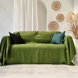 Green linen bedspread. Green linen couch cover. Green sofa cover. Custom size couch cover.Green armchair cover. Green bed covering