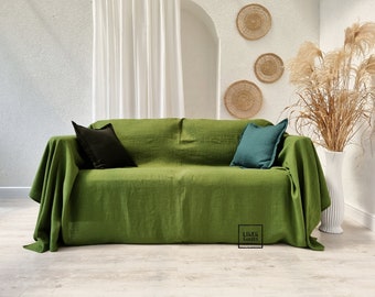 Green linen bedspread. Green linen couch cover. Green sofa cover. Custom size couch cover.Green armchair cover. Green bed covering