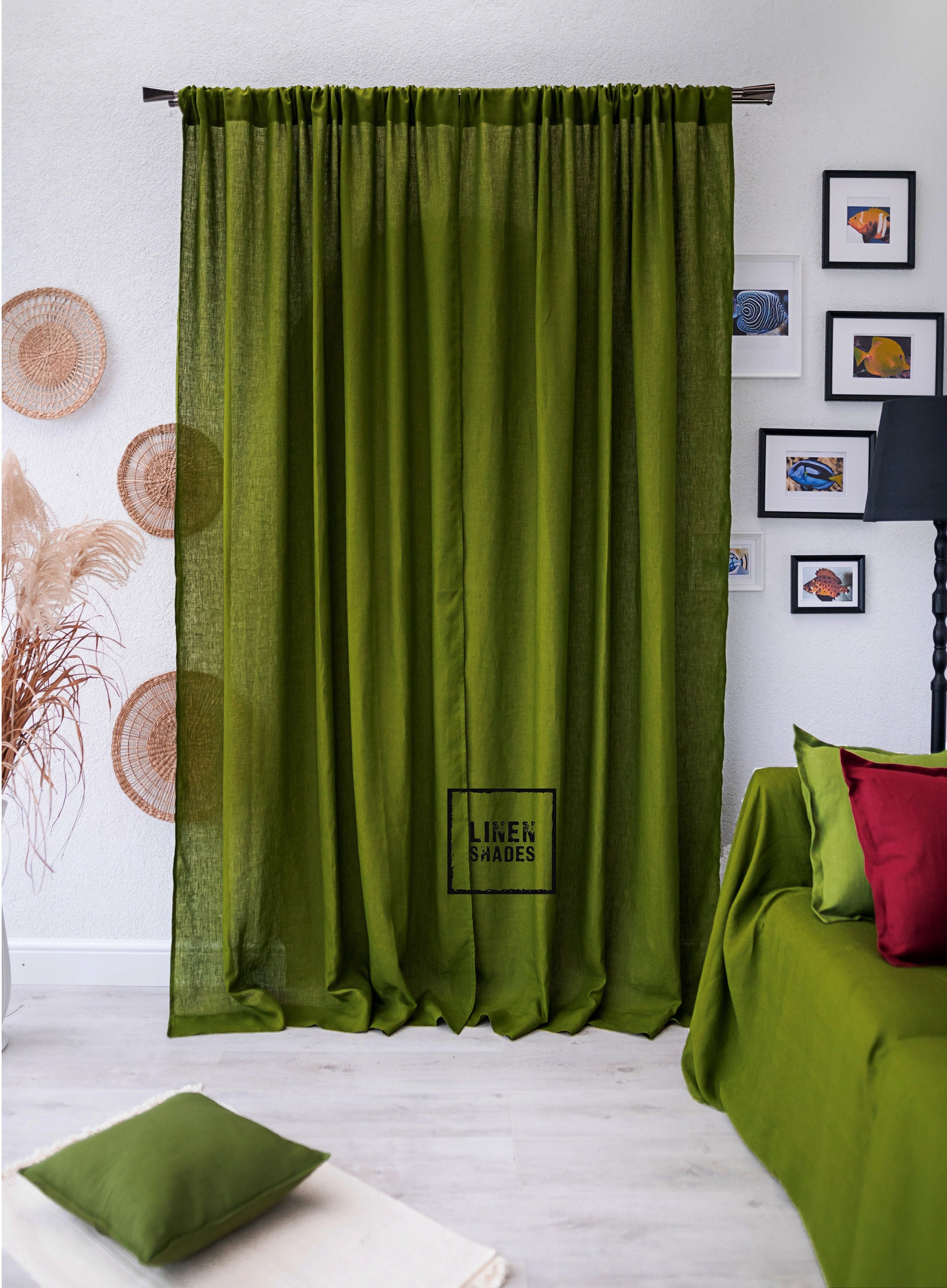 274 Cm (108” ) Wide Moss Green Linen Curtain (1 Pcs). Green