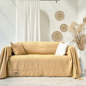 Light brown linen couch cover. Brown linen bedspread. Light brown custom size couch cover. Brown sofa cover.