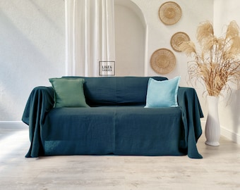 Blue linen couch cover.Blue custom size sofa cover. Dark blue linen bedspread.Blue bed covering.Blue armchair cover.