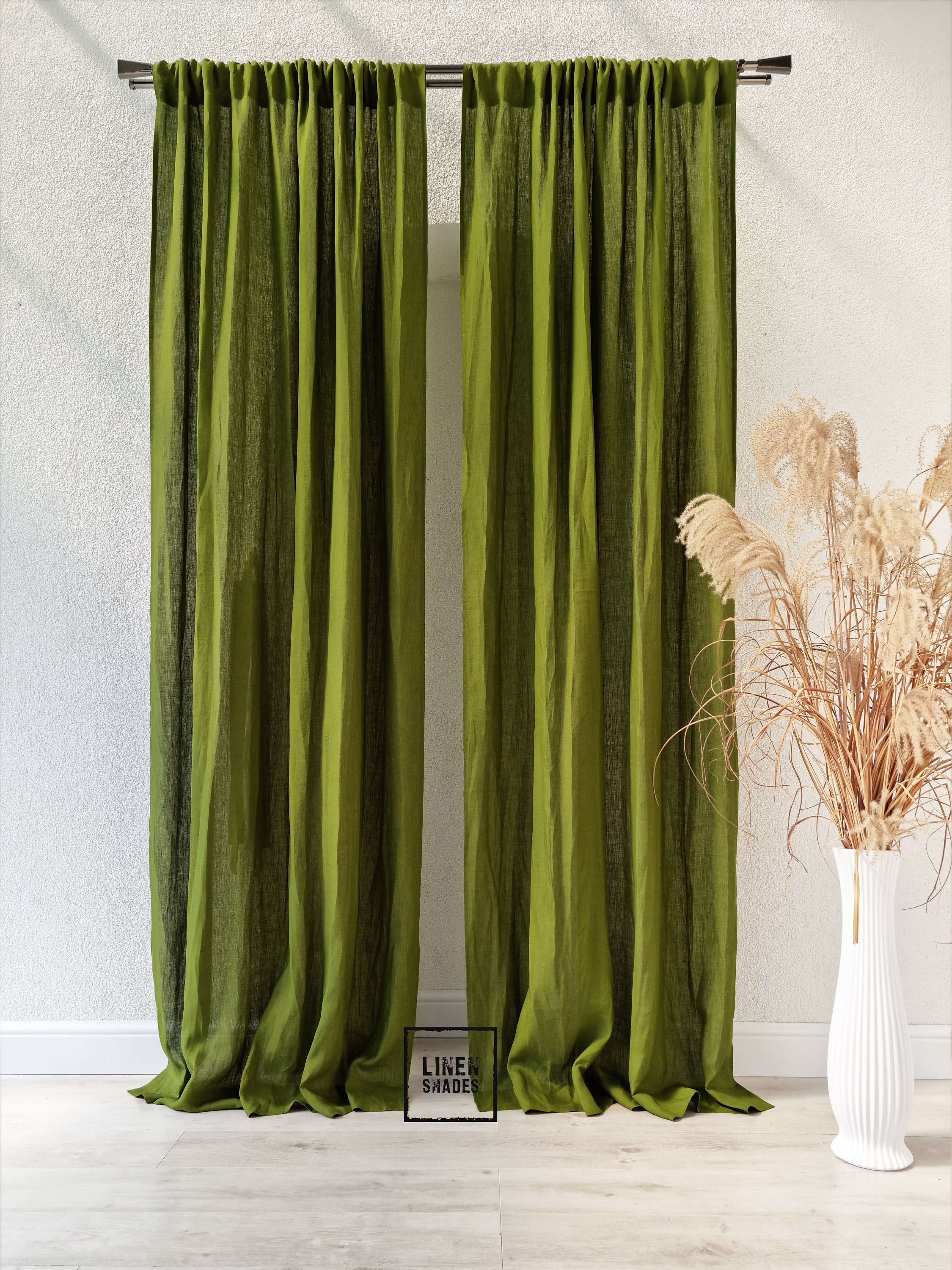 56" (143 Cm) Wide Moss Green Bedroom Linen Curtain (1 Pcs). Moss Green