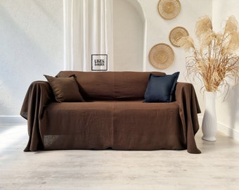 Brown linen bedspread.Brown linen couch cover. Brown custom size sofa cover.Brown bed covering.Brown armchair cover.