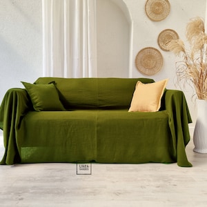 Moss green linen couch cover. Green linen bedspread. Green custom size couch cover. Green sofa cover.