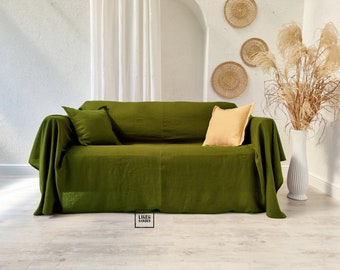 Moss green linen couch cover. Green linen bedspread. Green custom size couch cover. Green sofa cover.