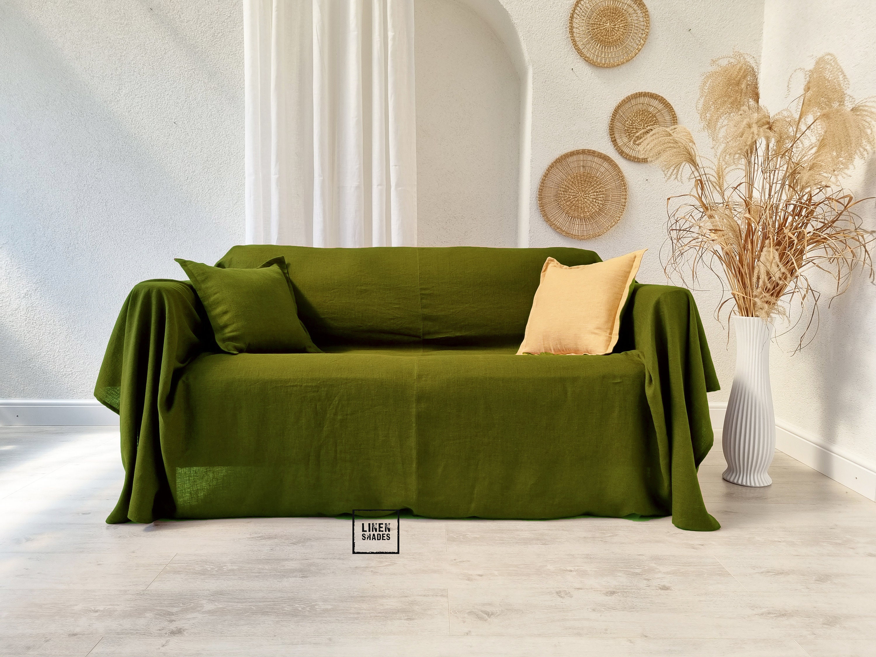 Moss green linen couch cover. Green linen bedspread. Green custom size couch cover. Green sofa cover