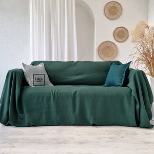 Emerald linen couch cover.Emerald linen bedspread. Emerald custom size couch cover. Green sofa cover.