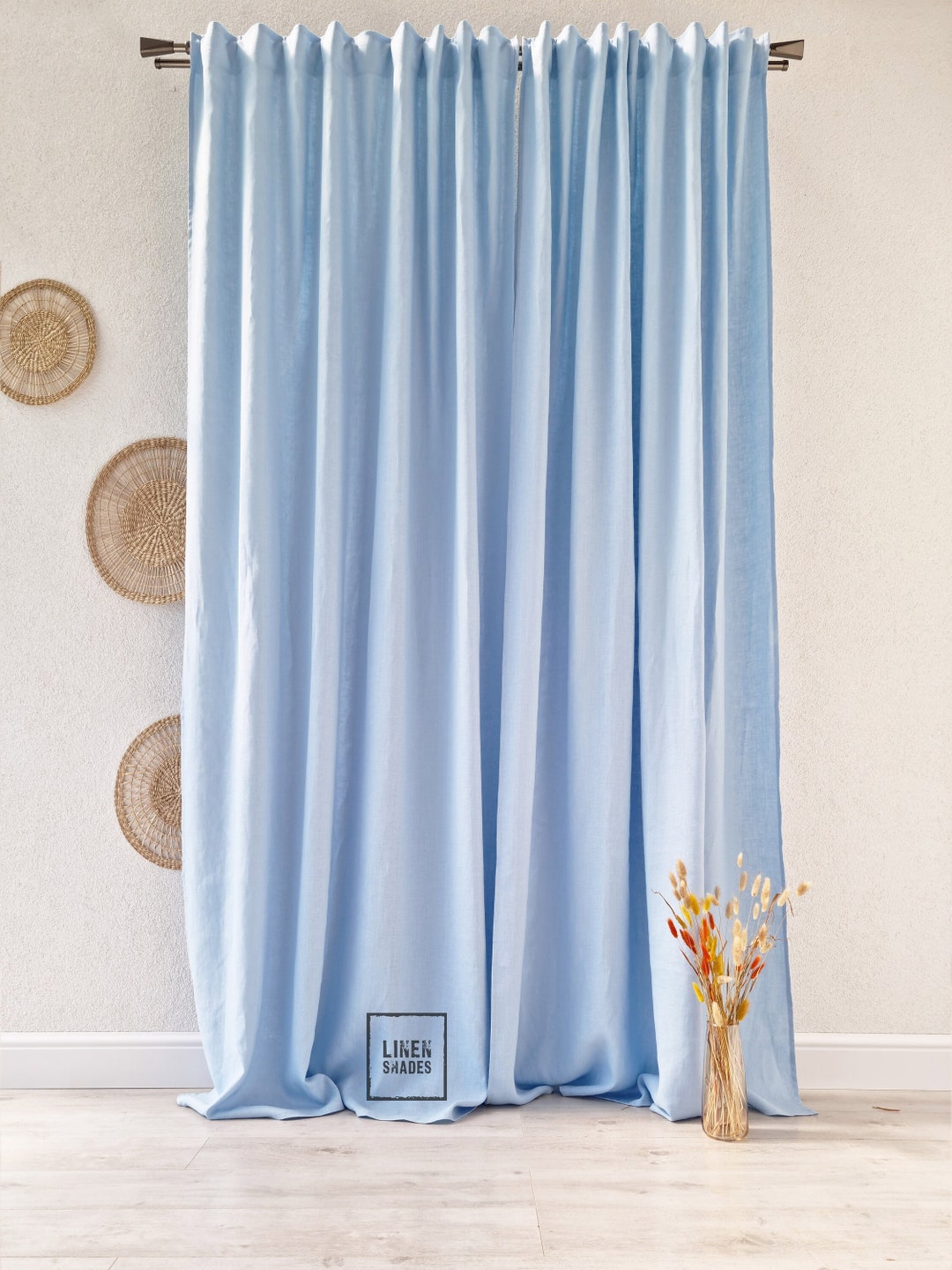 56" (143 Cm) Wide Blue Bedroom Linen Curtain. Blue Living Room Curtain
