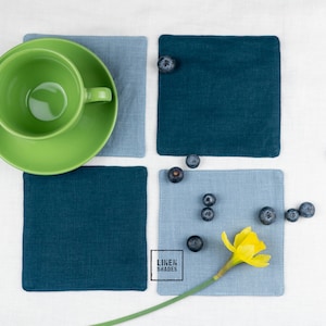 Conjunto de posavasos de lino azul. Posavasos de copa de lino azul. Decoración de mesa de lino. Posavasos de lino para mesa de centro. Posavasos de lino personalizados