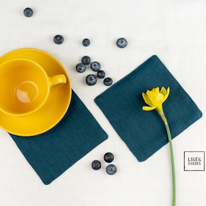 Blue linen coasters set.Linen cup coasters.Handmade linen two-layer colored coasters.Blue linen table decor.Blue custom coaster