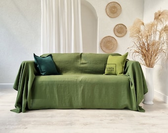 Forest green linen couch cover.Green linen bedspread. Green custom size couch cover. Green sofa cover.