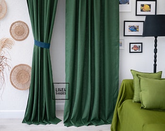 57 " / 145 cm wide emerald green linen curtain. Living room green curtain.
