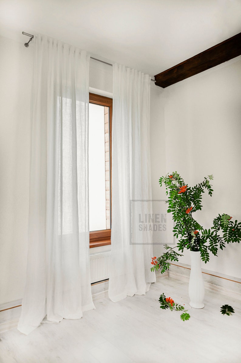 145 cm 57 wide thin linen curtain in white. White living room curtain. White bedroom curtain. White kitchen curtain. Short curtain. image 1
