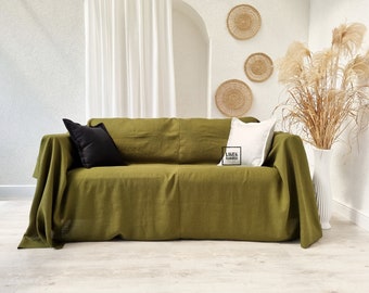 Olive color linen couch cover.Linen bedspread in olive color. Olive color custom size couch cover. Green sofa cover.