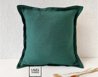 Decorative dark green linen pillowcase.Green custom size linen pillow cover.Decorative couch cushion cover.Green sofa pillowcase.