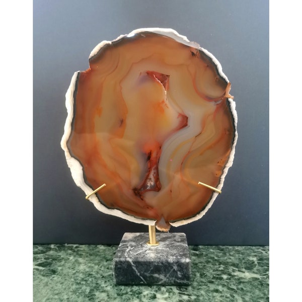 Grande Plaque d'Agate Marron / Orange, Socle en Marbre. 21* 19 cm | Décoration . Cabinet de Curiosité | PlaceOddity